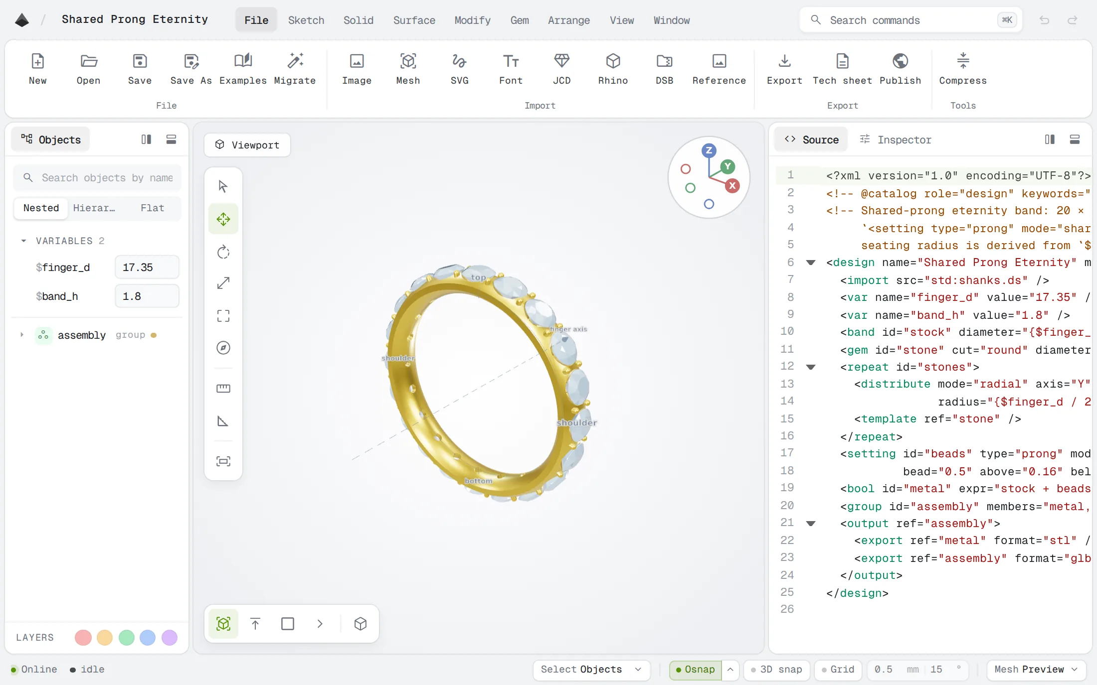 The Diatech Make jewelry editor showing a shared-prong eternity band in the 3D viewport with its DiaScript source alongside