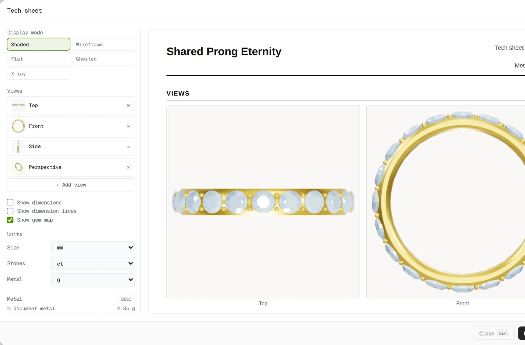 The tech sheet dialog beside a live preview showing top and front views of an eternity band with its metal and units